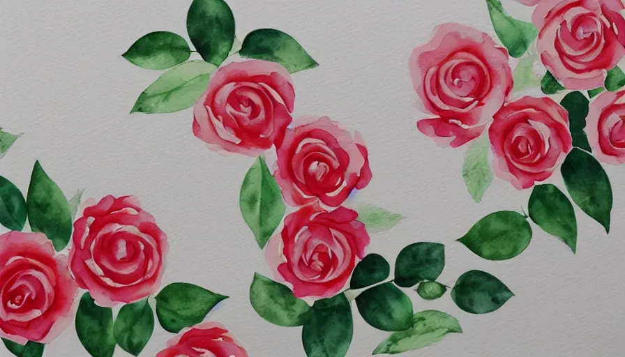 Prompt: watercolor painting of roses on white paper, bright, white table, white walls