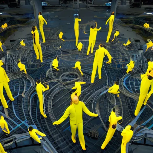 Image similar to futuristic world with people wearing yellow jump suits, 8 k resolution, cinematic lighting, anatomically correct