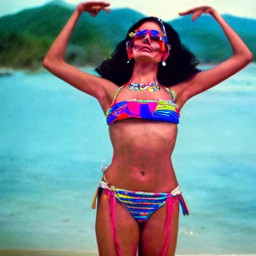 Prompt: expired fuji film photograph portrait of retro psychedelic hippy bikini queen dancing in arambol at shiva valley from 1 9 8 0, hyperrealism, photorealism, imax quality, 8 k