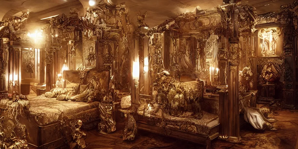 Image similar to monster society priest big bedroom, lavish and over decorated with christian symbols, little bit of gold