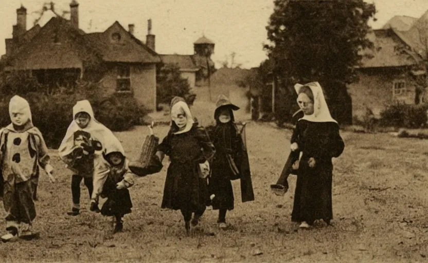 Image similar to Vintage postcard of children trick-or-treating, hi-res scan, stark composition, sepia tone, eerie lighting,