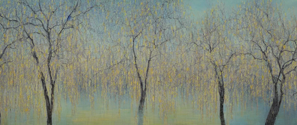 Prompt: A gentle breeze blows the willow trees in early spring , abstract, oil painting, by Zhao Wuji