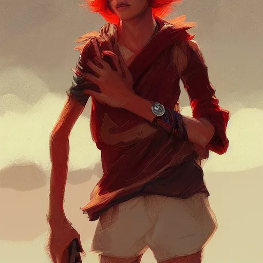 Image similar to teen boy, red hair, desert clothes, gorgeous, amazing, feminine, elegant, intricate, highly detailed, digital painting, artstation, concept art, sharp focus, illustration, art by WLOP and greg rutkowski