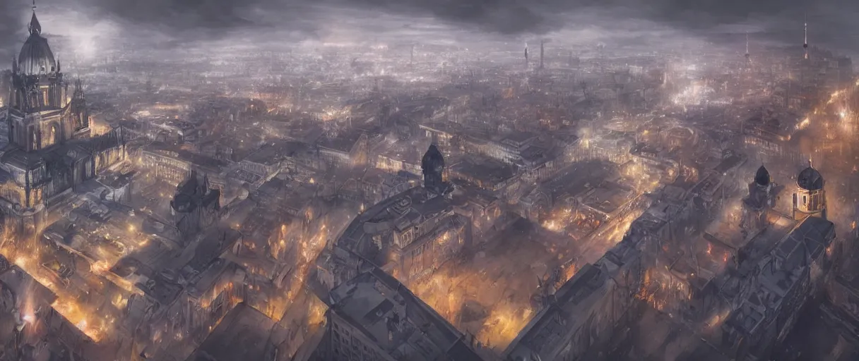 Image similar to futuristic nazi german city, Berlin cathedral, concept art, digital painting, style of jordan grimmer, futuristic, volumetric lighting, view from above, symmetrical