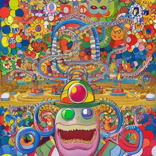 Image similar to beautiful painting of anthropomorphic steam railway engine monster truck snake oil salesman cowboy caveman hydra, neo - andean architecture art by takashi murakami, art by lisa frank, art by jacek yerka, art by victor moscoso. lifelike mechanical eyes. locomotive snake. trending on artstation, hyperrealism, 1 0 k