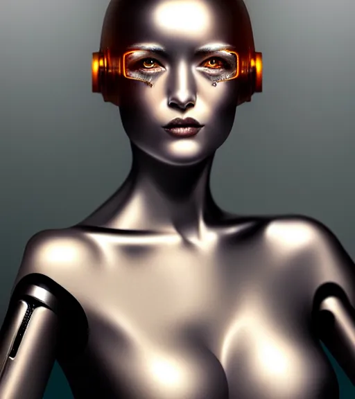 Image similar to portrait of female chrome robot by hagime sorayama realistic, professionally, professionally color graded, intricate, elegant, highly detailed, centered, digital painting, artstation, concept art, smooth, sharp focus, illustration,