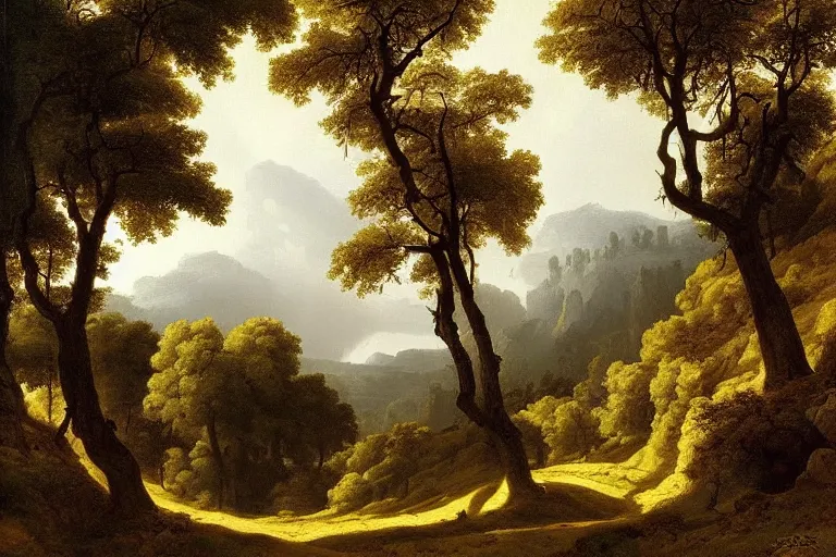 Image similar to masterpiece painting of oak trees on a hillside overlooking a creek, dramatic lighting, by raphael lacoste