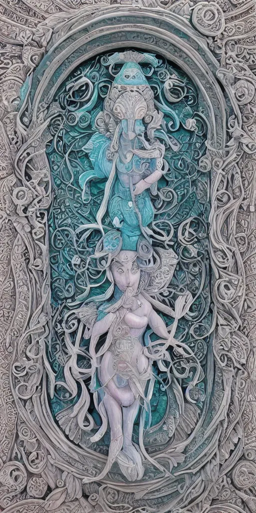 Image similar to intricate colourfully painted carved Soapstone relief paneling, white and pale blue , celestial, piggy, pig goddess, mother earth, Earth Goddess mythology, Gaia, angels, divinity, Ghostly, crystaline celtic, insanly detailed , artstation, wallpaper, hyper realistic, realistic lighting