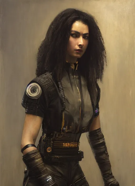 Prompt: Maria. beautiful cyberpunk Samurai woman wearing a military vest and military jumpsuit (cyberpunk 2077). gorgeous african face. Iranian orientalist portrait by john william waterhouse and Edwin Longsden Long and Theodore Ralli and Nasreddine Dinet, oil on canvas. Cinematic, hyper realism, realistic proportions, dramatic lighting, high detail 4k