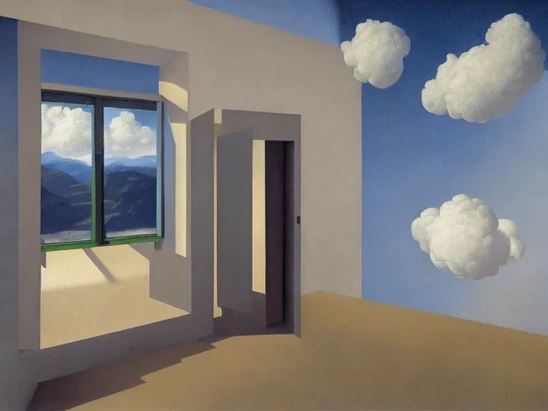 Image similar to room with clouds painted on the walls, painting by rene magritte, centered, high detail, high resolution