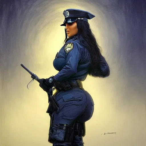 Prompt: kim kardashian as a cop, police uniform, chest and face in view, full portrait, haunted forest with ufo sitting in the distant fog, pretty, aesthetic, dust molecules, matte detailed photo, DeviantArt, Artstation, by donato giancola, ralph horley, loish, ufo lighting