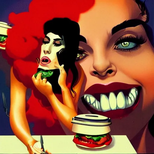 Prompt: Amy Winehouse Eating a Hamburger, spilling ketchup, horror illustration, dramatic, by Sachin Teng + Karol Bak + Rolf Armstrong