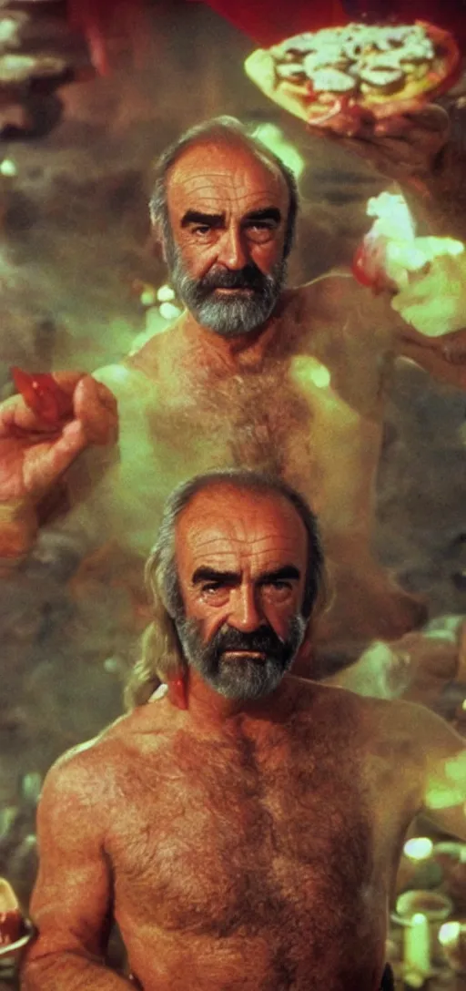 Image similar to a 3 5 mm color closeup macro hi def picture of sean connery as zardoz as he's accessing third eye second level during his 9 6 6 th birthday party along with female friends. everything is of the second level including plates of green bread and hams on the isle of kun lao. volumetric lighting with picoso hotdogs. atmospheric. scary fog national geographic.