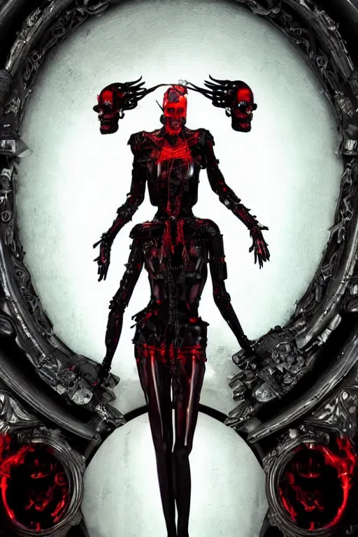 Image similar to full-body cyberpunk style sculpture of a young beautiful dark priestess, half android with a head opening exposing circuitry, glowing red eyes, black roses, flowing blood red colored silk, fabric, candles. baroque elements, human skull. full-length view. baroque element. intricate artwork by caravaggio. crows flying in background. Trending on artstation, octane render, cinematic lighting from the right, hyper realism, octane render, 8k, depth of field, 3D