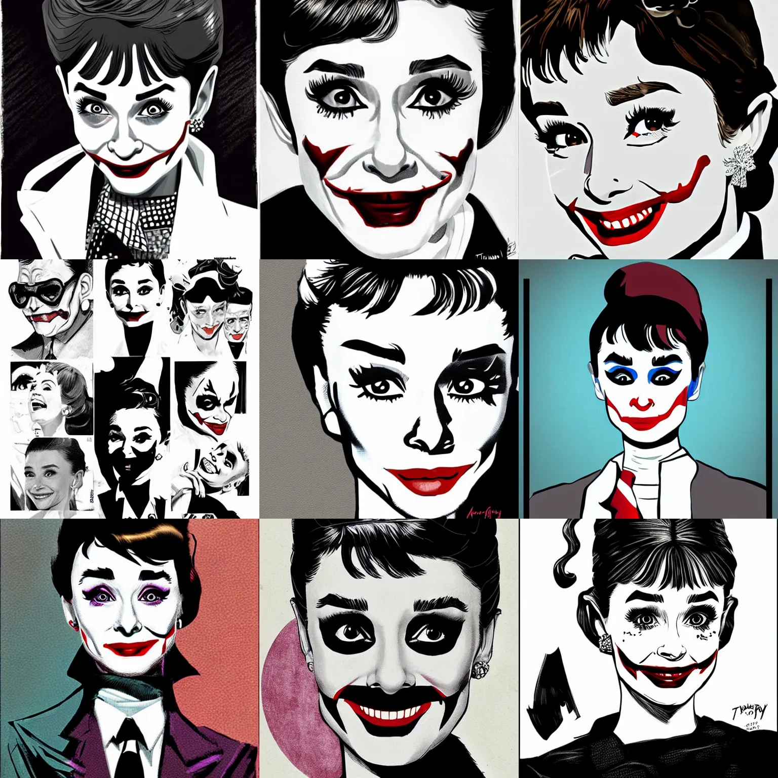Prompt: audrey hepburn is the joker, detailed character concept art by tim doyle