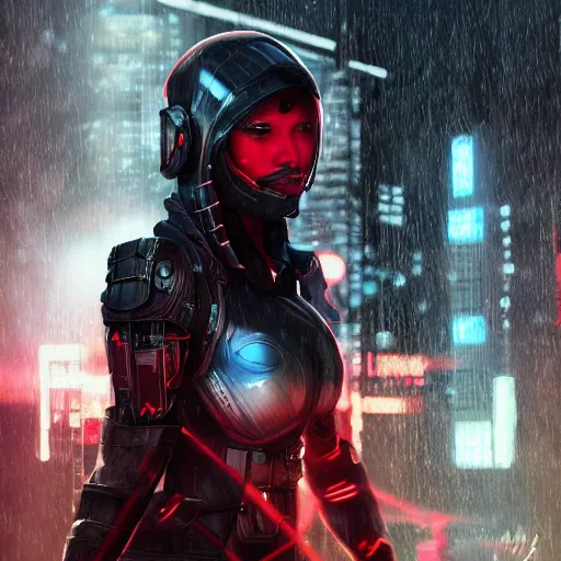 Image similar to An realistic epic fantastic comic book style portrait painting of a female cyber ninja by WLOP trending on arstation, black and reddish color armor, cyberpunk feel raining at tokyo rooftop, Concept world Art, unreal 5, DAZ, hyperrealistic, octane render, cosplay, RPG portrait, dramatic lighting, rom lights