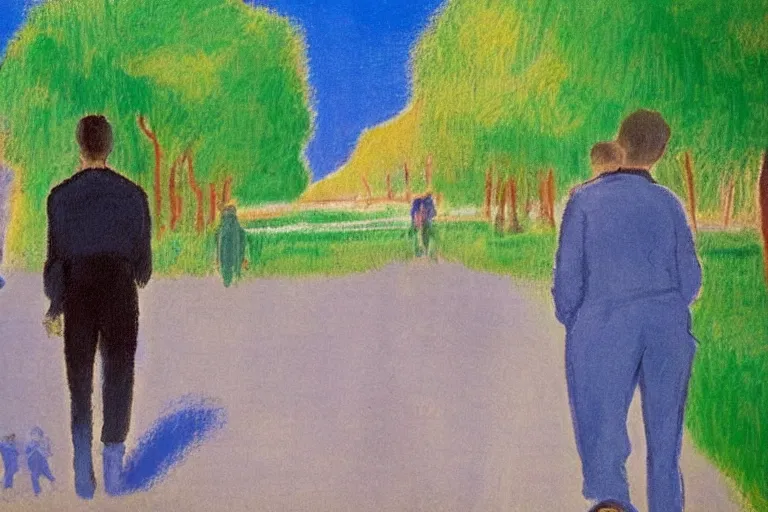 Prompt: a very tall man named John with dark hair holding the hands of a short young boy named Alex with dark hair as they walk down a suburban highway on a bright beautiful colorful day. part in the style of an edgar degas painting. part in the style of david hockney