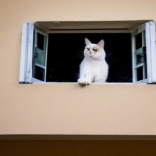 Prompt: A beautiful photo of a cat looking out of the window at night,It has big blue eyes , Photography , Long-range shots