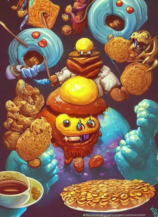 Prompt: good morning pancake and coffee monsters , breakfast monster ,doughnuts, cereal, waffles, colorful, digital art, fantasy, magic, trending on artstation, ultra detailed, professional illustration,chalk, poster artwork by Basil Gogos , clean