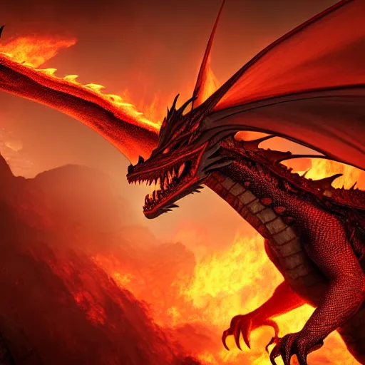 Image similar to fire - breathing dragon, 4 k, cinematic composition, fantasy, extremely detailed, intricate details