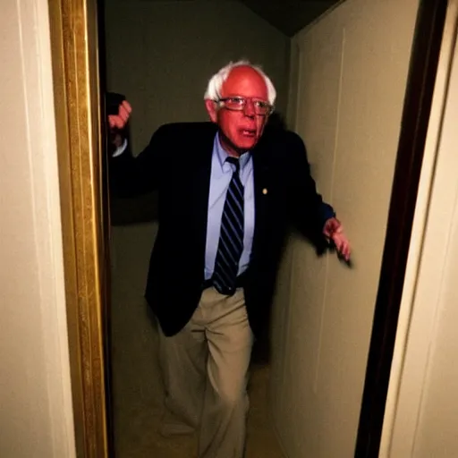 Prompt: grainy photo of bernie sanders as a creepy monster in a closet, harsh flash
