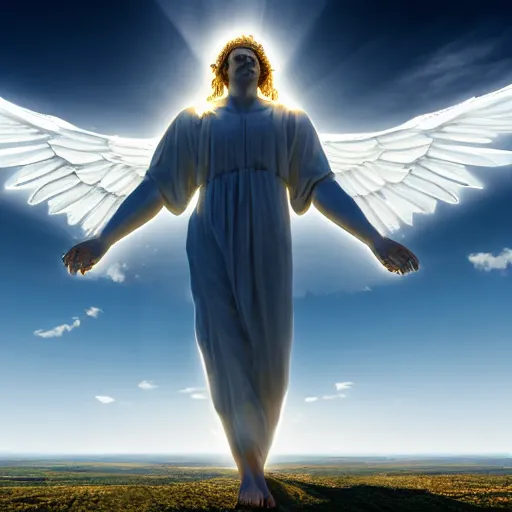 Prompt: gigantic biblical depiction of an angel towering over a vast landscape, cinematic, realistic, geometric body, photorealistic, detailed, white body, global illumination, volumetric lighting, 8 k, god rays, beautiful, majestic clouds