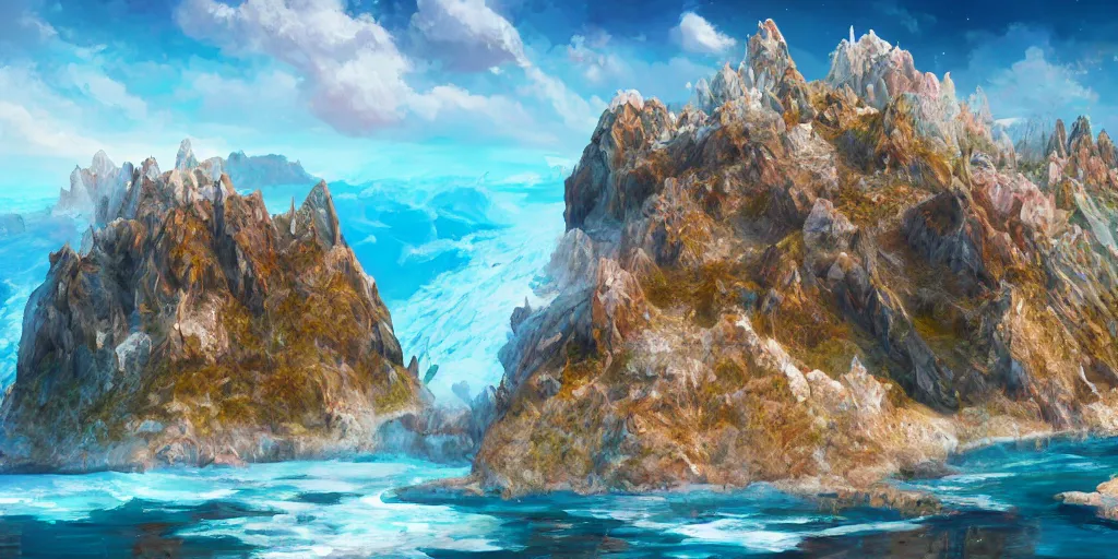 Image similar to a desolate salt covered island surrounded by colourful rugged crystal quartz mountains, illustration, bright sunlight, sun glints, sunrays, digital art, hyperrealistic, oil painting, fantasy, 8 k, trending on artstation, detailed