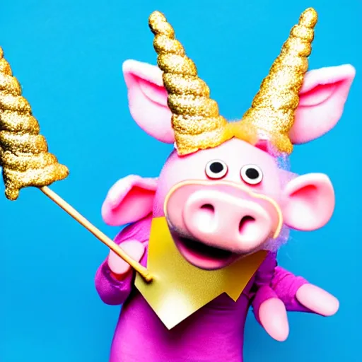 Image similar to studio photograph of a happy pig flying with wings with a unicorn horn depicted as a muppet wearing a gold crown eating pork rind snacks