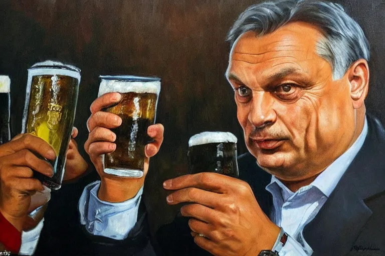 Image similar to viktor orban drinking beer and cheering at the apocalyse, highly detailed eyes, oil on canvas