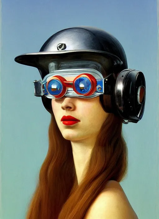 Prompt: rebecca hall portrait long straight hair, wearing art deco race helmet and goggles by edward hopper and james gilleard, zdzislaw beksinski, highly detailed