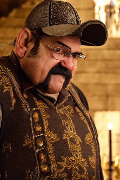 Image similar to very very intricate photorealistic photo of wario wearing his hat in an episode of game of thrones, photo is in focus with detailed atmospheric lighting, award - winning details