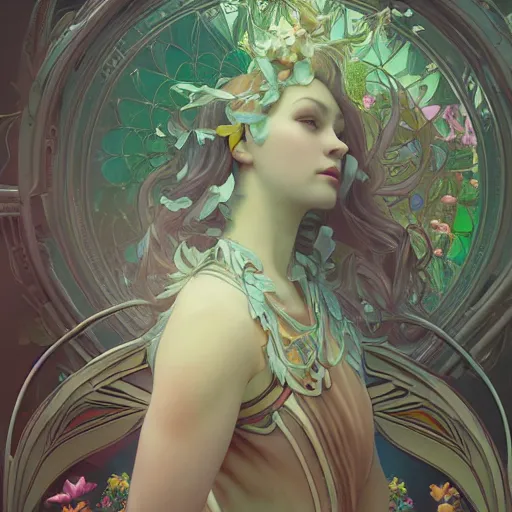 Image similar to female android descending from clouds into enchanted garden, full body portait, ornated jewels, fabricated gown, art by artgerm and alphonse mucha, and ilya kuvshinov and ross tran, art nouveau, octane render, 8 k, cinematic lighting, ultra hi definition