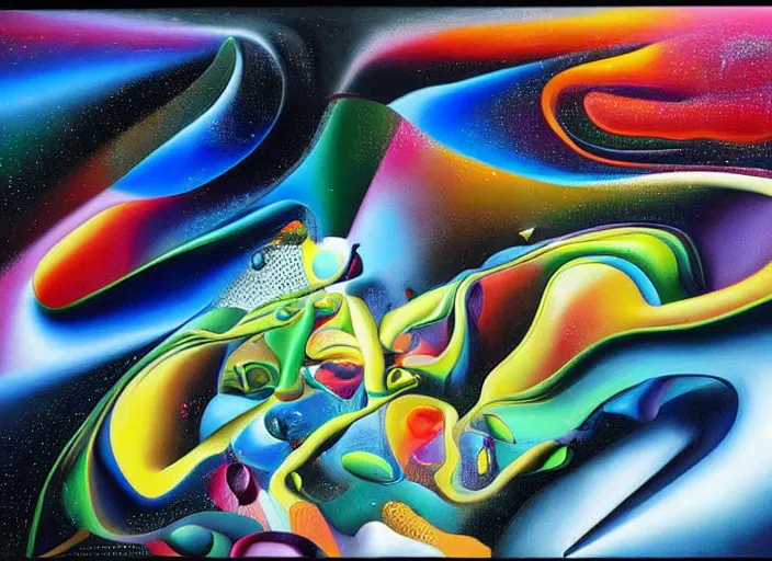 Prompt: an extremely high quality hd surrealism painting of a 3d galactic neon complimentary-colored cartoon surrealism melting optical illusion high-contrast zaha hadid galaxy by kandsky and salvia dali the second, salvador dali's much much much much more talented husband painter bot, clear shapes, 8k, realistic shading, ultra realistic, super realistic