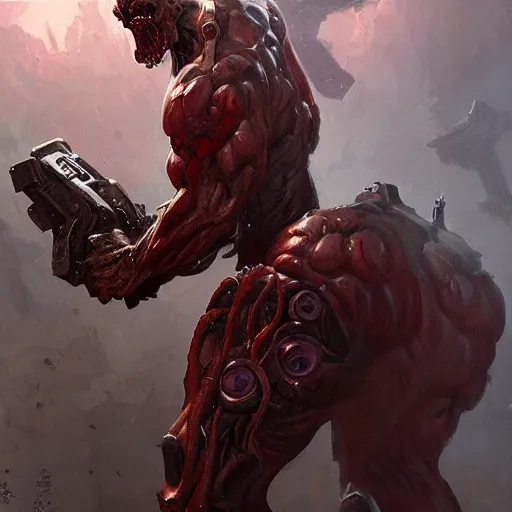 Image similar to doom, muscular male undead cyborg, muscle, fungus, painted by stanley lau, painted by greg rutkowski, painted by stanley, artgerm, masterpiece, digital art, trending on arts