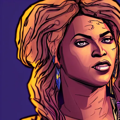 Image similar to beyonce portrait, borderlands, tales from the borderlands, the wolf among us, comic, cinematic lighting, studio quality, 8 k