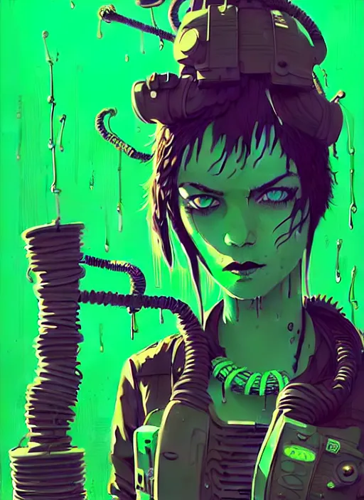 Prompt: highly detailed portrait of an moody wasteland punk long dripping green poison hair tribal lady, stray neon green sludge hoses by atey ghailan, james gilleard, by joe fenton, by greg rutkowski, by greg tocchini, by kaethe butcher, 4 k resolution, gradient purple, brown black and white color scheme!!! ( ( green flaming robotic sewer background ) )