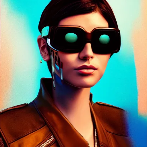 Image similar to closeup painting of a very beautiful young mexican cyberpunk woman with a smirk, wearing light blue shutter shades and a dark brown leather jacket, one side haircut, long brown hair with light blue ends, portrait, hyperdetailed, artstation, cgsociety, 8 k, synthwave by tangerine dream