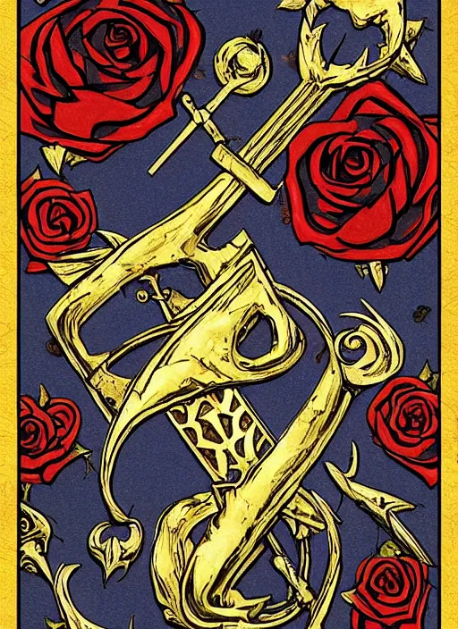 Prompt: tarot card :: horror :: hearts and roses :: gold and silver :: guns and swords :: by Yurtsev and Darkchylde