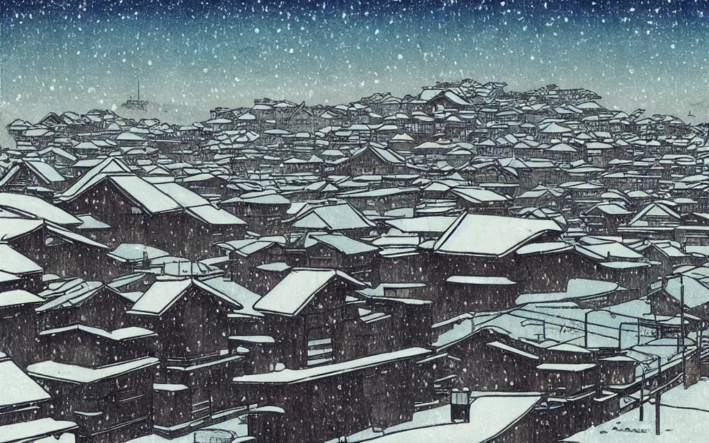 Prompt: 🌃 🌨 ❄🎑. shin - hanga.