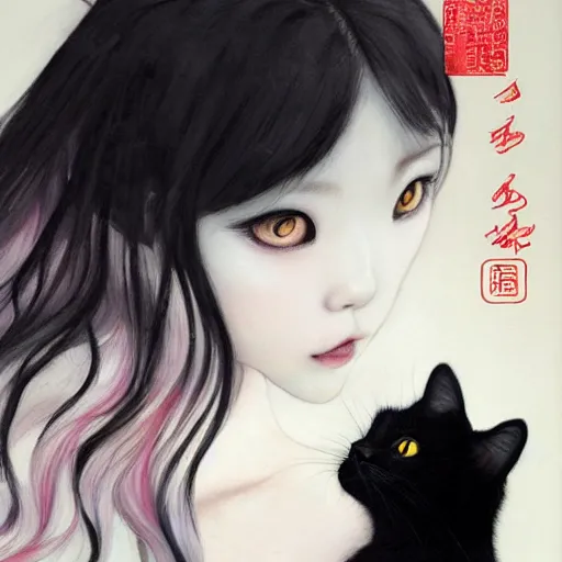 Prompt: style of Guo Hua ,young vampire and her black cat Portrait by Miho Hirano, full body , realistic, detailed, white, light pink tonalities, beautiful collage technique including clouds, sea, wind, ornate sea background, beautiful Fantasy detailed trending on artstation, oil painting,Dramatic lighting, eterea , high quality print, fine art with subtle redshift rendering