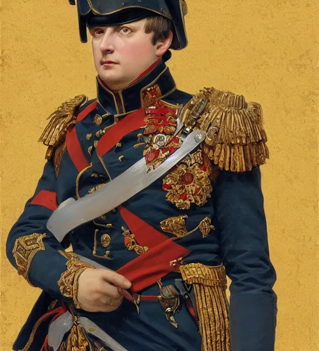Prompt: portrait of emperor napoleon wearing a traditional nineteenth century french empire military uniform, metal shoulder pauldrons, intricate, highly detailed, digital painting, artstation, concept art, sharp focus, cinematic lighting, illustration, art by artgerm and greg rutkowski, alphonse mucha, cgsociety