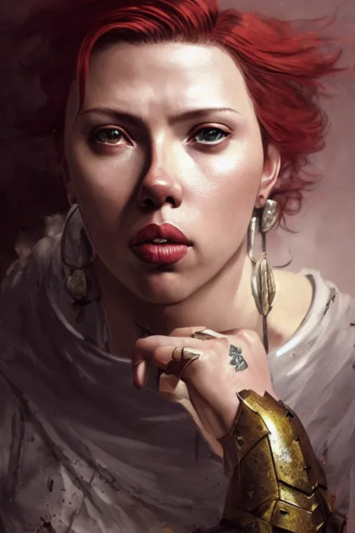 Image similar to scarlet johansson, legendary warrior, heroic fighter, dungeons & dragons, tattoos, decorative ornaments, battle armor, by carl spitzweg, ismail inceoglu, vdragan bibin, hans thoma, greg rutkowski, alexandros pyromallis, perfect face, detailed, sharply focused, centered, rule of thirds, realistic shading