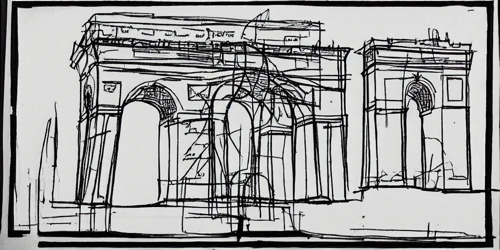 Image similar to architectural schematics Paris Arc de triomphe, drawn by Ed Wood Jr, in the style of Bauhaus