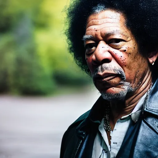 Prompt: a cinematic film still of Morgan Freeman starring as Jimi Hendrix, portrait, 40mm lens, shallow depth of field, close up, split lighting, cinematic