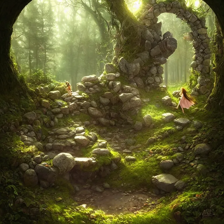 Image similar to Fantasy Magical fairy-tale stone portal in the forest. Round stone portal teleport in trees to other worlds. Fantastic landscape. Magic Altar in the fores, highly detailed, digital painting, artstation, concept art, smooth, sharp focus, illustration, art by artgerm and greg rutkowski and alphonse mucha