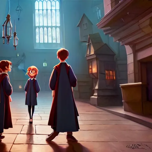 Prompt: a wholesome animation key shot of harry potter students, pixar and disney animation, sharp, very detailed, high resolution, rendered in unreal engine 5, key art by greg rutkowski, bloom, dramatic lighting