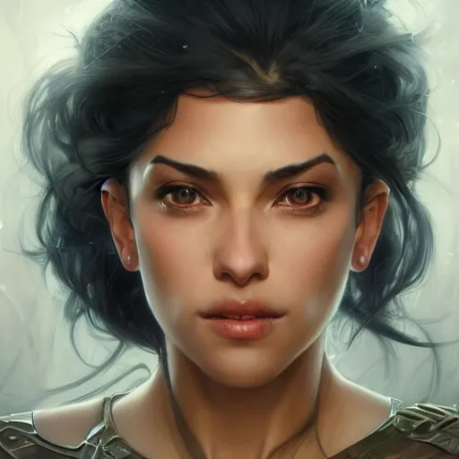 Image similar to beautiful, strong, mixed race, female, aged 4 0, face, head shot, fantasy, highly detailed, digital painting, artstation, concept art, smooth, sharp focus, illustration, art by artgerm and greg rutkowski and alphonse mucha