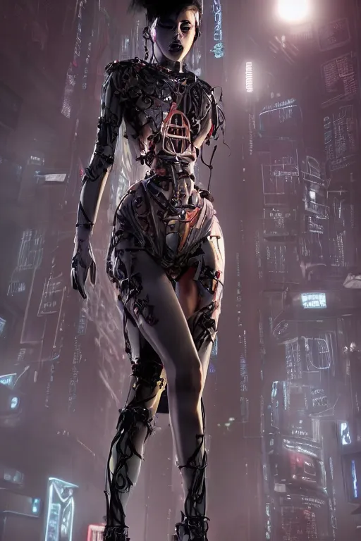 Image similar to a beautiful insufficently dressed metahuman biomechanical heavily cybered female shadowrunner fullbody portrait by echo chernik in the style of shadowrun returns pc game. 8k 3d realistic render. Dark atmosphere volumetric lighting. Cyberpunk feel. Hypermaximalist ultradetailed cinematic charachter concept art. Uncut, unzoom, centered, feminine pose. Digital illustration.