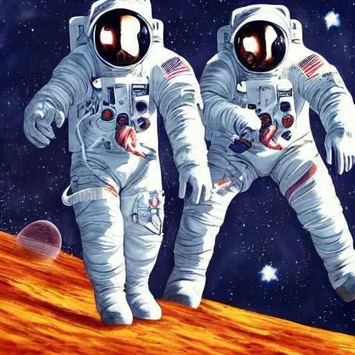 Prompt: astronauts walking on the moon with earth on the background, painting style of samdoesarts
