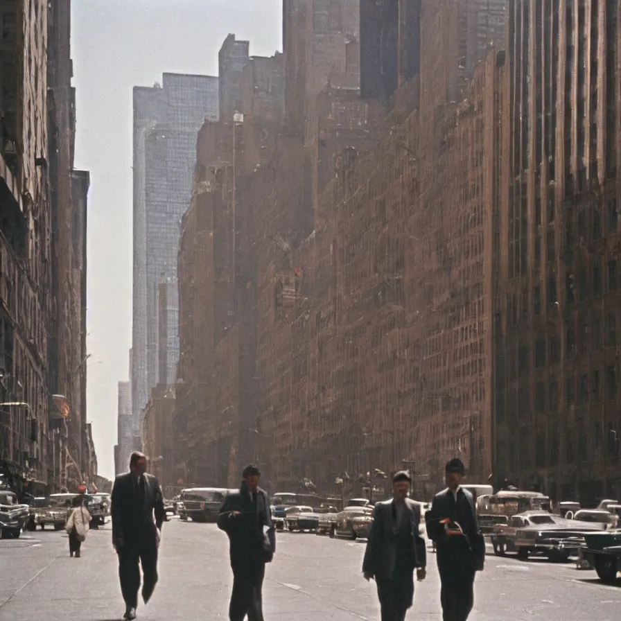 Image similar to a couple of men walking down a street next to tall buildings in new york, 1 9 6 0 s, colour film street photography, photo taken with ektachrome, featured on flickr, film grain